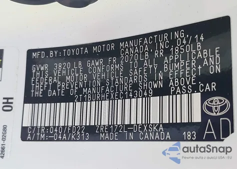 2014 Toyota Corolla S Plus from USA, damaged, VIN 2T1BURHEXEC143049